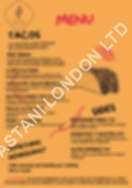 Taco restaurant menu with chipotle pork, halloumi blackbean, and sides